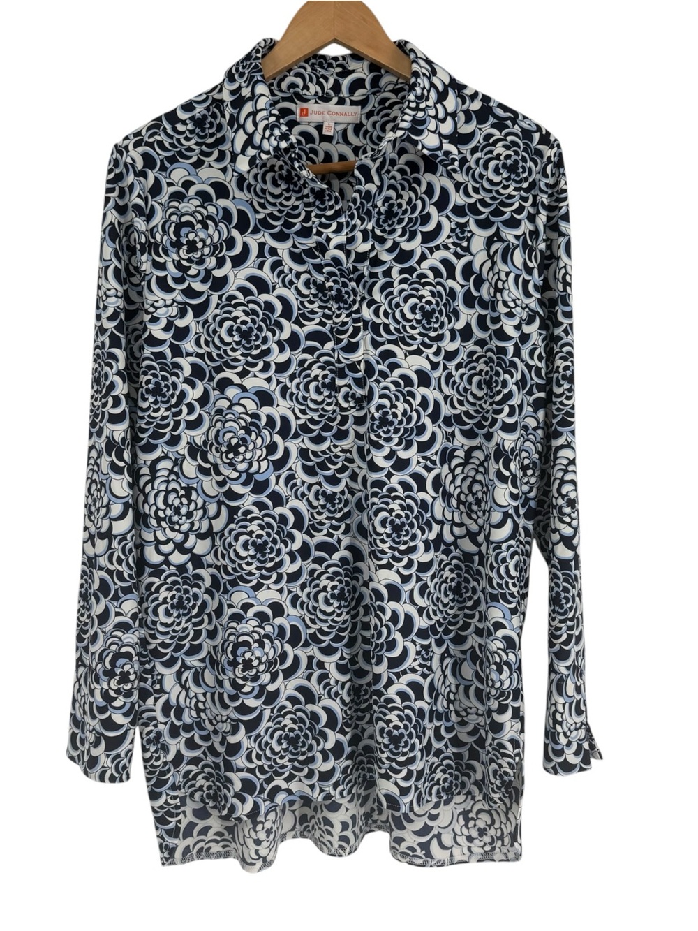 Jude Connally Blouse Top Womens Size L Geometric Stretch 1/4 Button Tunic Blue